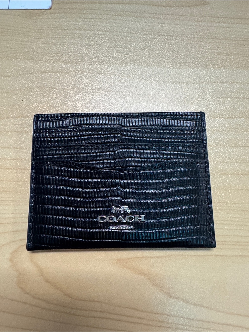 Coach Black Embossed Leather Card Holder with Silver Logo